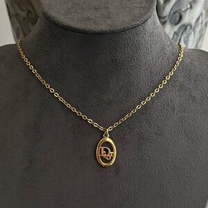 Vintage Christian Dior CD Logo Monogram Hollow Oval Pendant Gold Chain Necklace